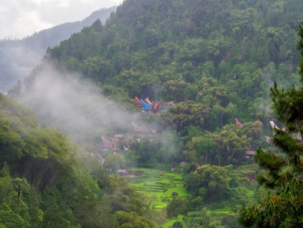 Tropical mountain landscape with traditional villages and rice paddies, Tana Toraja, Sulawesi,