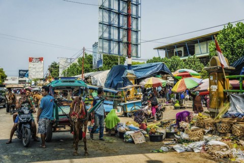 Traditional authentic food market, street market, street, street scene, market stall, men, person,