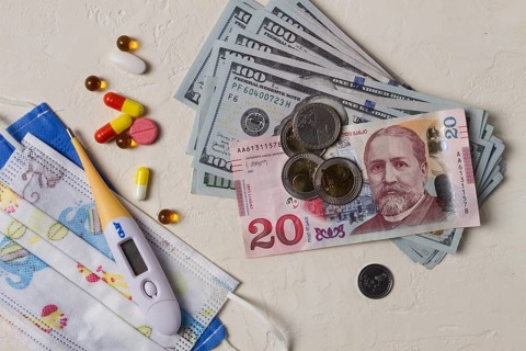 Georgian monetary currency, Lari, 20 GEL, medicine, thermometer, protective medical masks, concept,