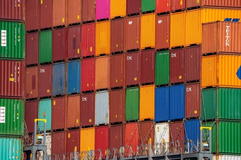 Container on a container ship, in the seaport of Rotterdam, Maasvlakte 2, Container Terminal, in