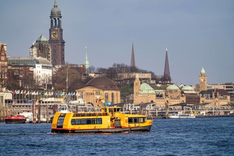Hamburg harbour, Elbe, skyline with main church St. Michaelis, Landungsbrücken, shipping traffic,