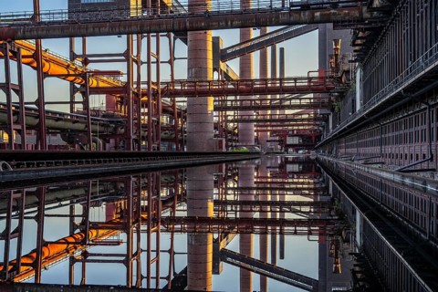 Zollverein coking plant at the Zeche Zollverein, conveyor bridges, chimneys, coke oven batteries