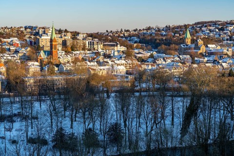 View over the Werden district of Essen, in front the Brehminsel, The Protestant Church in