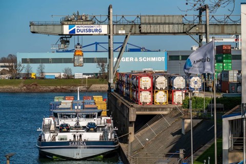 Port of Duisburg Ruhrort, Container freighter being loaded and unloaded at DeCeTe, Duisburg