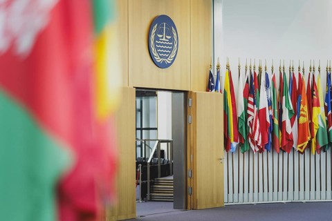 Flags in front of the courtroom at the International Tribunal for the Law of the Sea, taken in