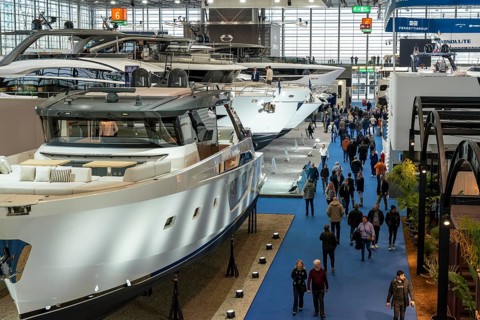 Large yachts, luxury yachts, in Hall 6 of BOOT 2024, the world's largest yacht and water sports