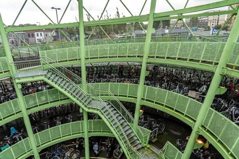 The Fiestappel, bicycle car park for over 900 bicycles, in a stylised apple shape, in Alphen aan