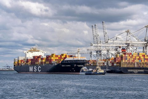 ECT Delta Container Terminal, in Europahaven, MSC Laura container freighter being towed by harbour