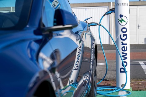 Electric car fast charging station, from the Dutch provider PowerGo, in the ferry harbour of