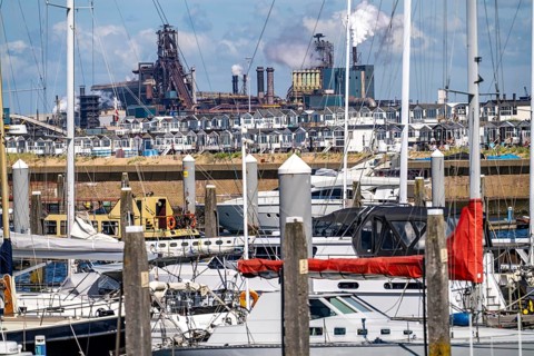 Seaport Marina IJmuiden, marina, sailing boats, yachts, behind the Tata Steel steel and smelting