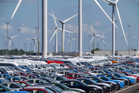 Storage area for new cars in the port of Vlissingen-Oost, vehicles are temporarily stored on over