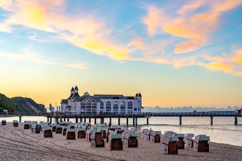 The pier of Sellin, evening mood, sunset, 394 metres long, with restaurant, jetty, beach chairs,