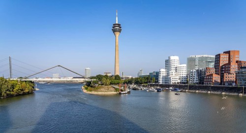 Düsseldorf Media Harbour, Rhine Tower, Gehry buildings, bridge over the entrance to the harbour,