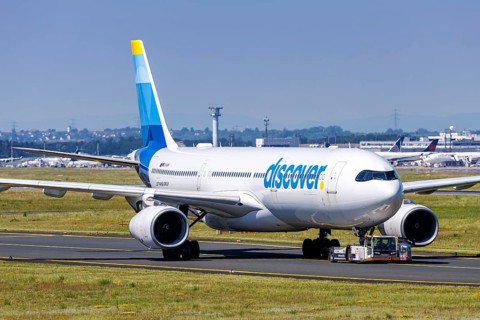 A Discover Airbus A330-300 aircraft with the registration D-AIKK at Frankfurt Airport, Germany,