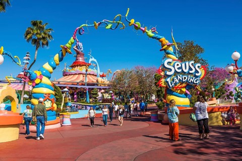 Park guests near entrance to Seuss Landing in Islands of Adventure at Universal Studios, Orlando,
