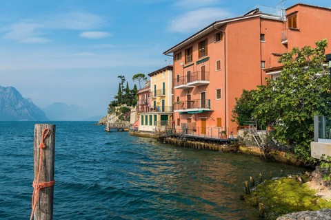 Historic old town centre of Malcesine, tourism, blue sky, tourism, travel, Lake Garda, Italy,