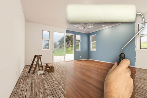 Before and after of man using A paint roller to reveal newly remodeled room with fresh green paint,