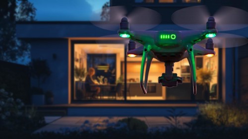 A UAV unmanned aircraft drone flying just outside the window of A house, AI generated