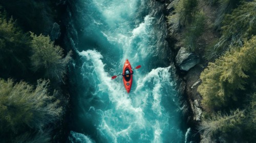 Aerial view of A kayaker paddling the rapids of a beautiful mountain river. generative AI, AI