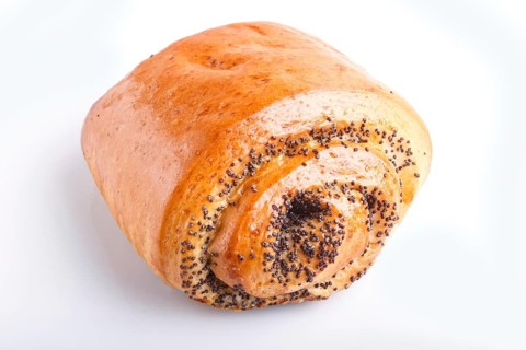 One bun with poppy seeds isolated on white background. closeup