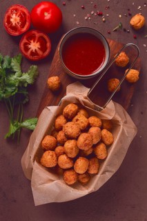 Chicken popcorn, deep fried, nuggets, close-up, rustic, no people
