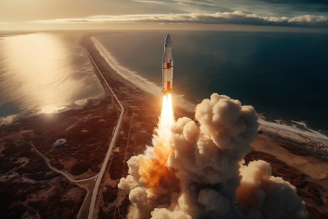 Aerial view of a rocket launch at sunrise sunset over an ocean coast. The rocket is blasting off