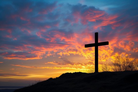 Easter concept cross on Golgotha Calvary hill against a dramatic sunset, AI generated