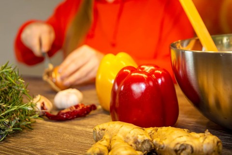 Vegan cooking: Close-up of peppers and ginger