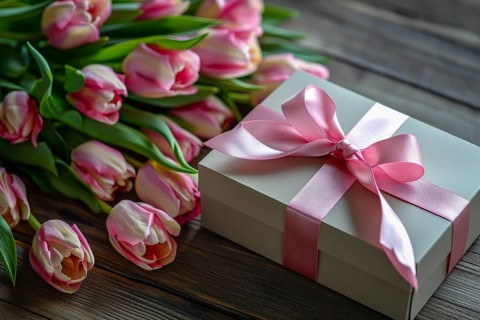 Gift Box with Pink Ribbon Beside bouquet of Fresh Tulips. Background for Valentine day, March 8,