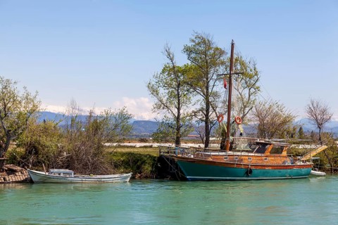 Boats anchored on the shores of Manavgat, Turkey, Asia