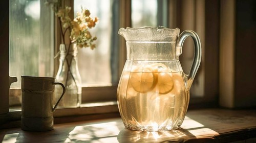 Tranquil country kitchen counter with a pitcher of fresh lemonade, generative AI, AI generated
