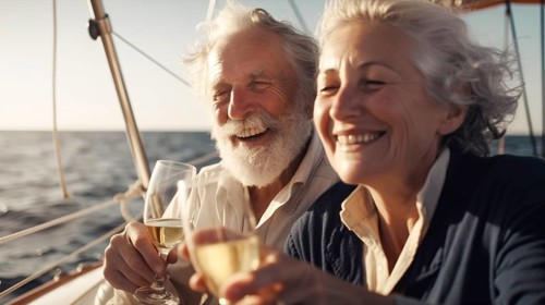 Senior caucasian couple enjoying drinks on the deck of their yacht in the ocean, generatvie AI, AI