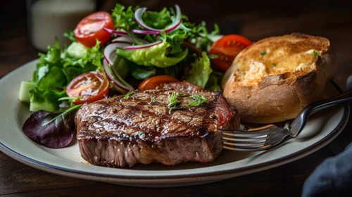 Fresh succulent top sirloin steak with sauteed vegetables on the flame grill, generative AI.-