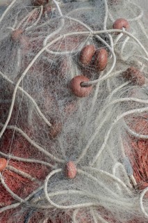 Fishing nets with ropes and floats, harbour, Santa Maria di Leuca, Apulia, Southern Italy, Italy,