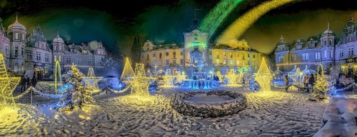 Castle Christmas magic snow illuminated panorama Bückeburg Germany