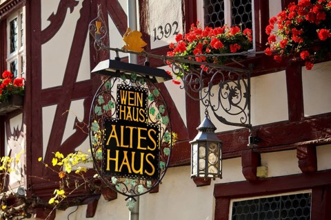 Wine house, medieval old house from 1392, half-timbered, Bacharach am Rhein, UNESCO World Heritage