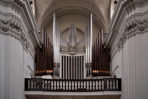 Interior photograph of Klais organ, Neumünster parish church, Würzburg, Lower Franconia, Bavaria,
