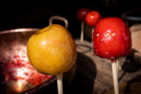 Yellow and red candied apples, medieval market, medieval week, Hanseatic city of Visby, island of