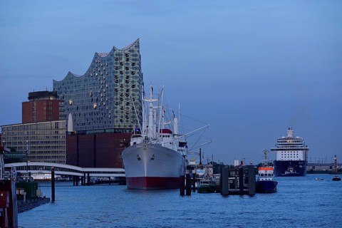 Hamburg, HafenCity, Elbe Philharmonic Hall concert hall, Mein Schiff 6. cruise ship