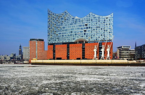 Europe, Germany, Hamburg, Elbe, View from the water to the Elbe Philharmonic Hall in winter with