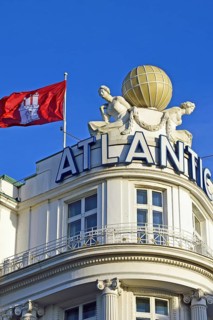 Europe, Germany, Hamburg, Outer Alster Lake, View to Hotel Atlantic, Facade decoration with globe,