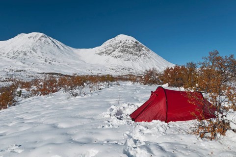 Tent in mountain landscape, Sarek National Park, Laponia World Heritage Site, Norrbotten, Lapland,