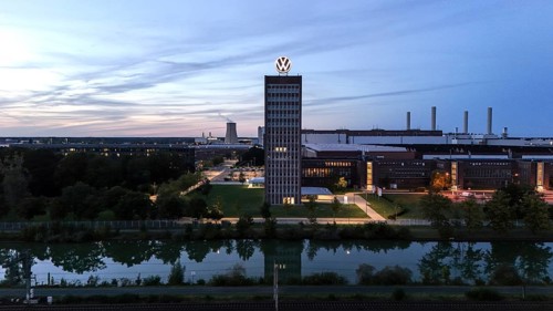 VW logo on the brand tower at the Group headquarters in Wolfsburg, 29/09/2024. The Volkswagen Group