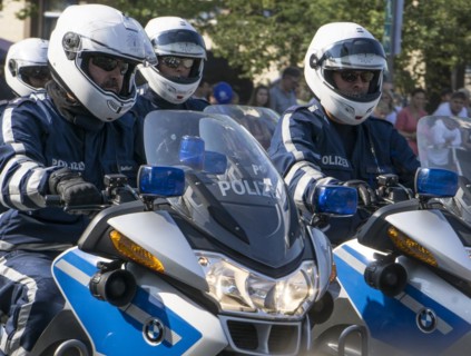 Berlin police officers from the motorbike squadron during a column ride at the Berlin police open