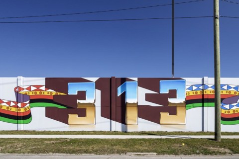 Detroit, Michigan, Detail of a mural that stretches for several blocks, by artist Hubert Massey.