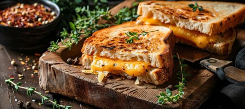 Breakfast with fresh grilled cheese vegetarian sandwich with melted cheddar cheese and vegetables,
