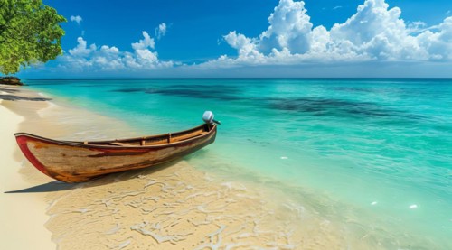 Wooden canoe at the scenic beach in Asian resort island near popular tourist destination hotel, AI