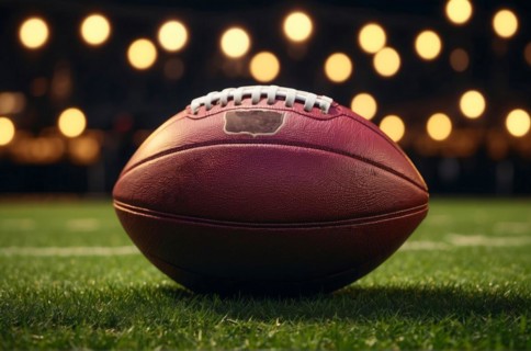 A football is on the field with lights in the background, AI generated