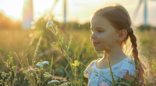 A girl stands in a field of flowers next to a wind farm that produces green sustainable energy, AI