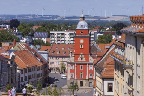 Water art and town hall tower, Gotha, Thuringia, Germany, Europe